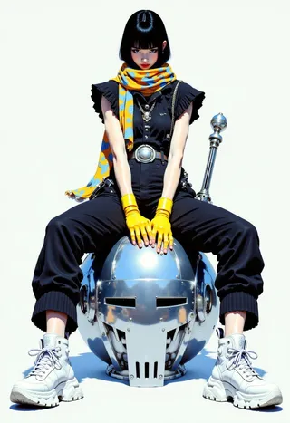 A digital illustration of a woman with a black French bob hairstyle, bold eyelines, and glossy red lips sitting on a shiny chrome knight's helm, wearing avant-garde black clothing, a vibrant yellow and blue scarf, yellow fingerless gloves, and white chunky sneakers under detailed Cucoloris lighting.