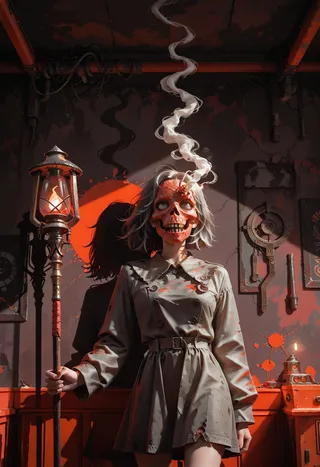 Figure with a red skull mask and gray coat holding a survival lamp, standing in a staff room with apocalyptic red and gray color tones and smoke rising.