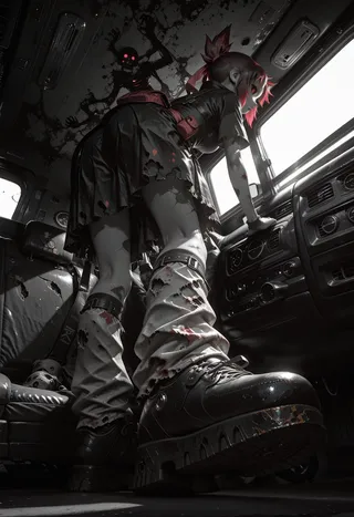 A photorealistic greyscale image showing a character in a zombie pose inside a car, featuring heavy grunge and cast shadows, with bordeaux and steel color highlights.