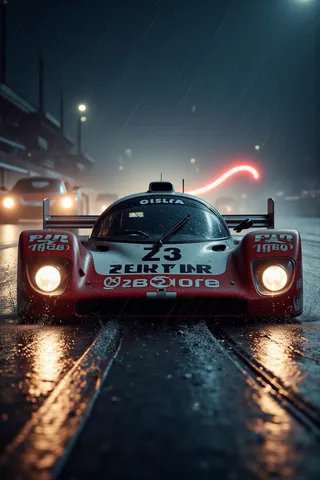 Nighttime shot of a 1989 Mazda 787B race car speeding on a wet LeMans track with rain falling, water droplets trailing the tires, and a light streak behind.