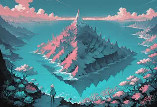 Fantasy island with sharp mountain peaks featuring coral color and mint highlights, surrounded by ocean and pink clouds, with a figure observing from shore.