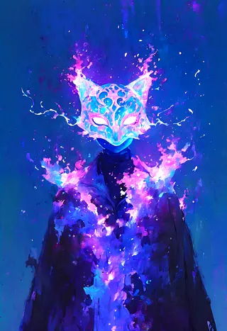 A glowing female figure wearing a luminous fox-shaped mask surrounded by vibrant splashes of purple and blue impasto watercolor effects.