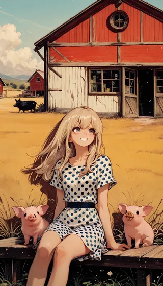 A woman wearing a white summer dress with blue polka dots sitting on a bench between two pink pigs, in front of a red barn during the golden hour in a countryside setting.