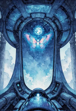 View from a sci-fi cockpit framing a glowing iridescent butterfly floating against a starry blue sky with clouds and stone columns.