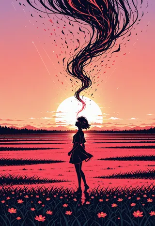 Silhouette of a girl standing in a flowering meadow at sunset with a surreal twisted shadow swirling upward into a peach and mauve sky