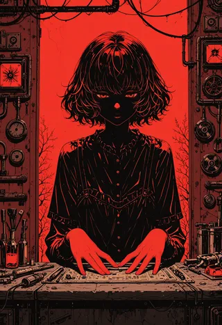 A dark silhouette of a young woman with short hair in a high-contrast scarlet and crimson workshop illuminated by tenebrism lighting and deep shadows.