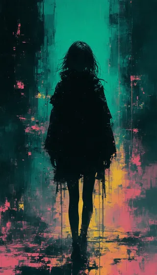 Silhouetted young woman standing in a dark, dystopian futuristic landscape with abstract cityscape and vibrant splashes of color, painted with gestural brushstrokes in a neo-noir style.