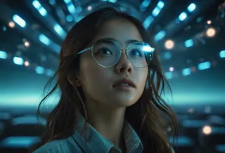 Close-up of a young woman with glasses looking up, illuminated by moonlight and surrounded by a ghostly sci-fi city with atmospheric lighting and glowing blue lights.
