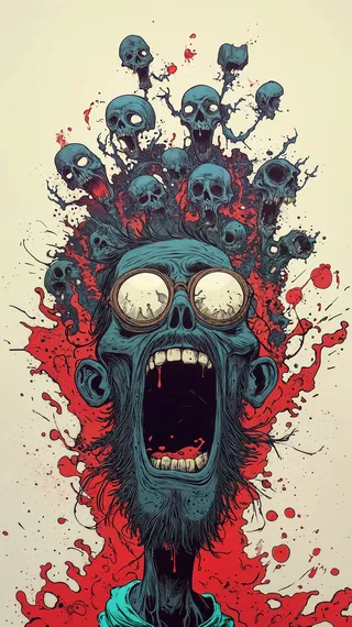 Illustration of a screaming blue-toned figure with reflective goggles surrounded by multiple floating skulls and red blood splatters