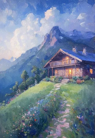An impressionistic landscape painting of a mountain chalet illuminated by warm lights under a moonlit sky, surrounded by a grassy meadow and flowers, with distant mountains in the background.