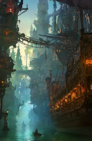 A mystical steampunk cityscape featuring towering Gothic and Victorian buildings viewed from a low perspective with an elaborate wooden ship illuminated by lanterns on the right and a small boat paddled by a lone figure in calm reflective water below.
