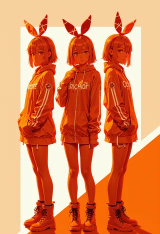 Three girls wearing matching amber-colored hoodies, bunny ear headbands, and boots standing in a lineup against an ochre color background in a monochromatic amber color theme.