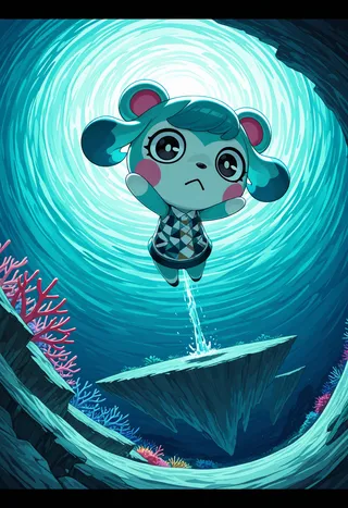 Maelle from Animal Crossing jumping off a cliff with a fisheye lens effect, featuring teal tones and coral colored underwater coral background.