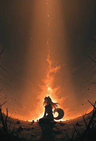Silhouette of an anime character with brown hair and a fox tail seated in a ruined natural setting, illuminated by intense burnt orange firelight with volumetric lighting effects.