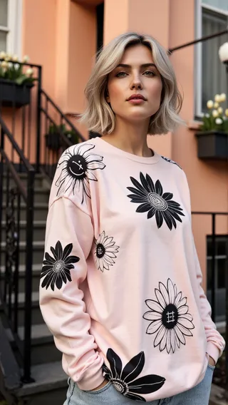Adult woman with ash blonde bob wearing a blush pink hoodie featuring large black-and-white daisy graphics with unique symbols, standing in front of a peach-colored residential building with stairs and tulip planters