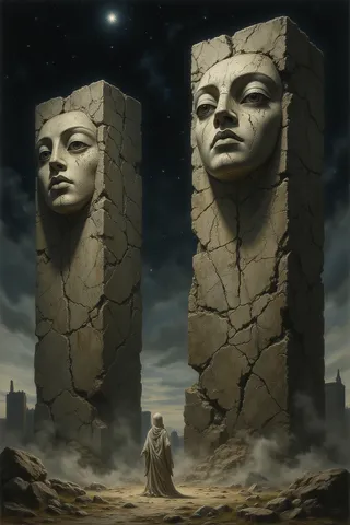 Two colossal monolithic stone statues with serene cracked faces stand under a starry night sky, while a robed figure in awe faces them amid a misty, dramatic landscape.