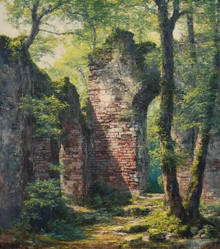 Old castle ruins overgrown with trees and moss, sunlight filtering through lush green foliage onto collapsed brick walls and ancient stones.