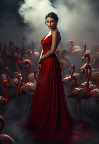 Elegant woman in a long flowing red gown standing amidst a flock of pink flamingos in a misty, moody setting with soft, diffused lighting.