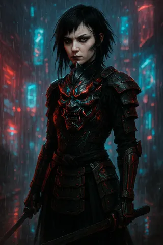 Fierce emo samurai girl with pale skin and gothic makeup wearing glowing, futuristic mengu mask and cyberpunk samurai armor in a neon-lit dystopian alley.