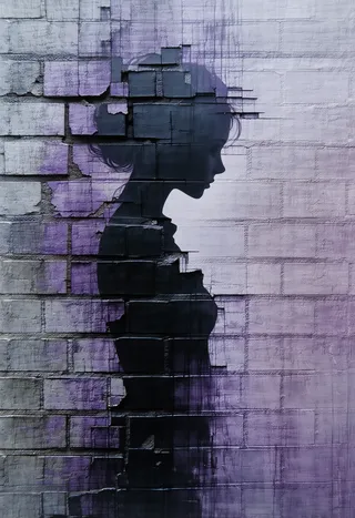 Silhouette of a solitary woman dissolving into a crumbling brick wall with muted charcoal grey and purple tones, textured with film grain and soft dramatic lighting.