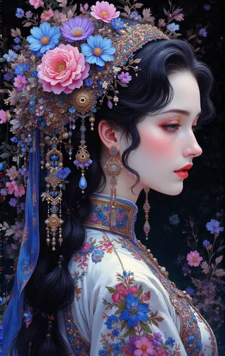 Profil einer Frau im reichen ethnischen Stil mit floralem Kopfschmuck aus blauen, violetten und rosa Blumen, kunstvollen Metallohrringen und einem luxuriösen, floral gemusterten Kleid vor dunklem Hintergrund.