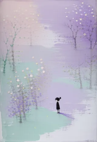 A luminous watercolor dreamscape featuring a small kawaii anime figure standing amidst an abstract garden of pastel lavender, rose quartz, and mint blossoms with delicate hand-painted textures.