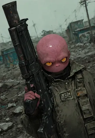 A bald alien with pink skin and intense yellow eyes holding a large gun, wearing detailed wasteland clothing, standing in a garbage dump with a damaged urban background.