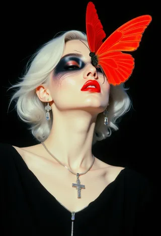 A high-fashion portrait of a woman with porcelain white skin and dramatic black smeared eyeshadow, bold red lipstick, and a vibrant red butterfly resting on her face, wearing a silver cross necklace against a black background.
