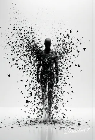 A black, featureless humanoid figure shattering into numerous bird-like fragments in a minimalist white space, captured with a high-speed photography effect.