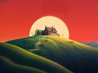 A house situated on a green hill illuminated by sunlight, with a stone pathway leading up and a large sun setting against a red gradient sky in the background.