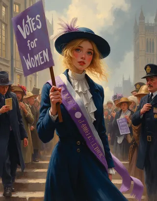 A young 1900s suffragette woman in a navy walking suit and purple sash holding a Votes for Women banner during a historic protest, styled as an oil painting in the manner of Rembrandt.
