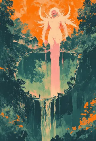 A surreal grotesque angelic creature rises from a massive sinkhole in a dense pine forest under an orange twilight sky, with floating moss-covered cabins and glowing levitating villagers.