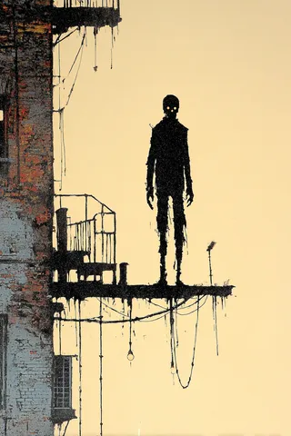 Dark silhouette figure with glowing eyes standing on a weathered, rustic building platform against a plain beige background, evoking an eerie and mysterious atmosphere.