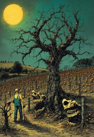 A rural orchard with dead, gnarly trees under twilight sky, where human teeth grow instead of fruit. A farmer in overalls holds bloodied hands near giant skulls embedded in the ground.