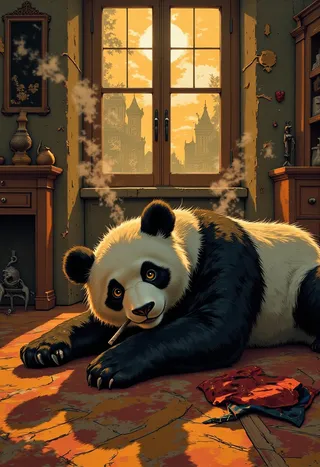 A detailed panda lying on a velvety carpet inside a vintage room at sunset, smoking a cigar with smoke rising and golden hour light through a window