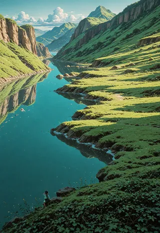 Anime-style landscape depicting an ancient harbor with mountains and a reflective river under soft bloom lighting and a mint color theme.