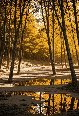 A golden-leaved autumn forest with tall trees casting hard-edged shadows on the sandy ground, reflecting in water puddles within a wetland landscape.
