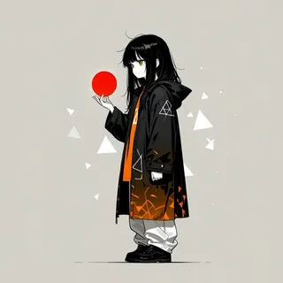 A young man with thick black shoulder-length hair and green eyes stands holding a red sphere that rotates on his raised hand. He wears a black coat with white and orange triangular patterns along the bottom, an orange T-shirt, and loose white pants.