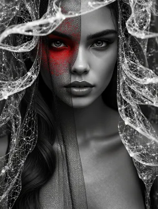 Close-up of a pale woman draped in a delicate spider web-like veil with a striking red accent on her left eye, rendered in monochrome with high contrast and intricate details.