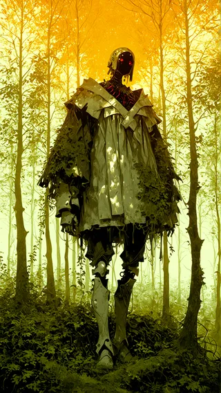 A tall robot golem standing in a dense forest with golden light filtering through yellow autumn leaves, covered with moss and vines.