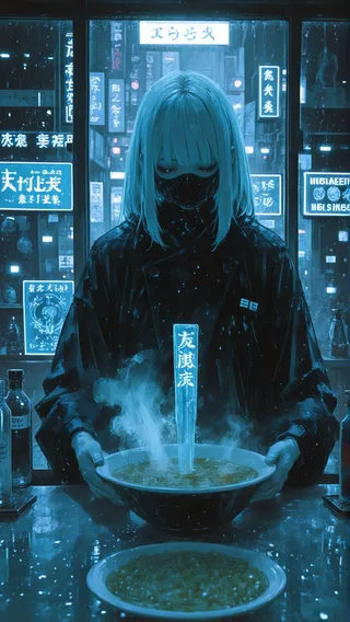 A masked bartender with white hair stands behind a counter in a neon-lit cyberpunk ramen bar on a rainy night, serving steaming bowls of ramen with illuminated signs outside.