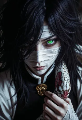 Close-up digital illustration of a mysterious character with vivid green eyes, dark tousled hair, face wrapped in white bandages, wearing a black and white outfit, holding a white snake with red markings.