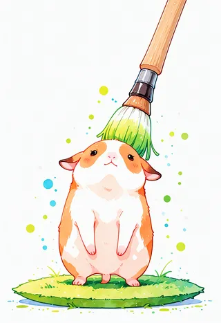 Watercolor painting of a standing guinea pig with orange and white fur being brushed on the head with a green-tipped paintbrush.