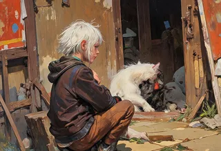 Young female with white hair crouching beside a white dog in front of a rustic, worn-down wooden structure, depicted in a detailed, emotional style.
