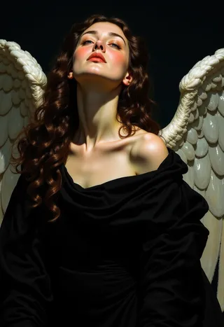 Close-up of a woman angel with closed eyes, wearing a black gown, with curly hair and crystalline wings, illuminated by soft overhead light against a dark background.
