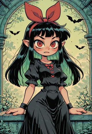 Anime-style vampire girl with red eyes, black hair with colored inner hair, wearing a black dress and a large red bow hairband, standing in an archway with bats flying around.