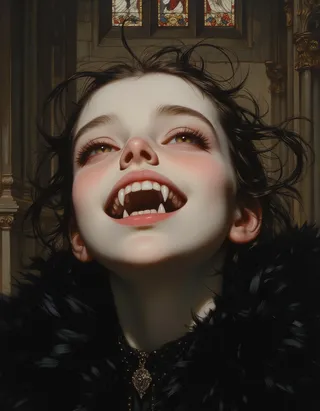 Portrait of a cheerful pale gothic 12 year old vampire princess inside a medieval church, showing sharp white fangs and delicate features in detailed oil painting style.