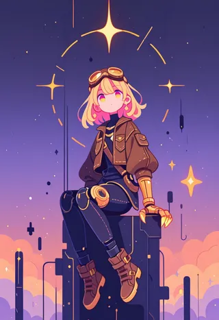 Colorful flat vector illustration of a steampunk adventurer with a cybernetic arm and goggles, sitting in a dynamic Yokozuwari pose surrounded by glowing geometric shapes and pixelate glitch accents on a purple and orange gradient background.
