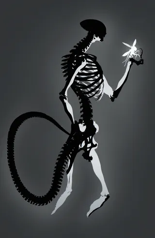 Silhouette of a humanoid alien skeleton with elongated limbs and a curved tail holding a small glowing insect-like creature against a dark gray background.