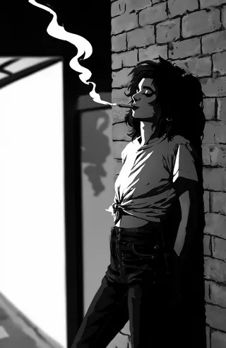Black and white silhouette of a punk woman leaning against a brick wall at night, smoking a cigarette with curling smoke, wearing a tied-up t-shirt and high-waisted jeans.